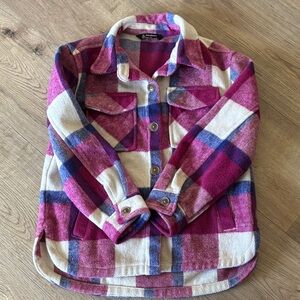 Girls' Pink Plaid Button-Front Shirt Jacket